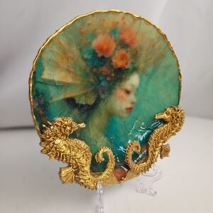 The Siren’s Gilded Treasure: Fine Art Decoupage Shell with Golden Seahorses -